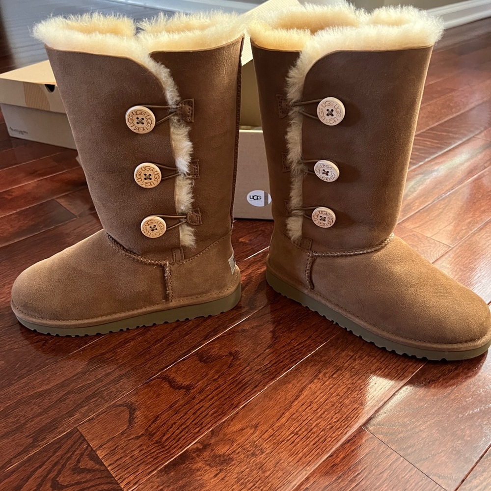 Ugg boots, size 3 kids, color: chestnut/tan, never worn, in excellent condition